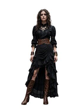 The Pirate Dressing Steampunk High Low Skirt Black Rayon Ruffle Cosplay S